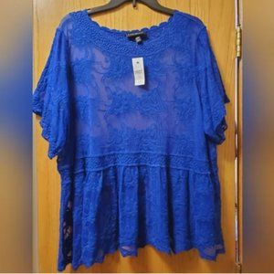Blue mesh embroidered top